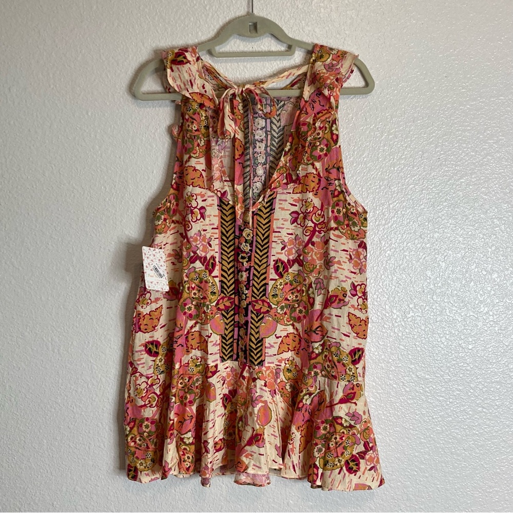 FREE PEOPLE SUMMER IN TULUM LINEN BLEND TUNIC PEBLUM PINK FLORAL mini dress/TOP - Picture 9 of 16